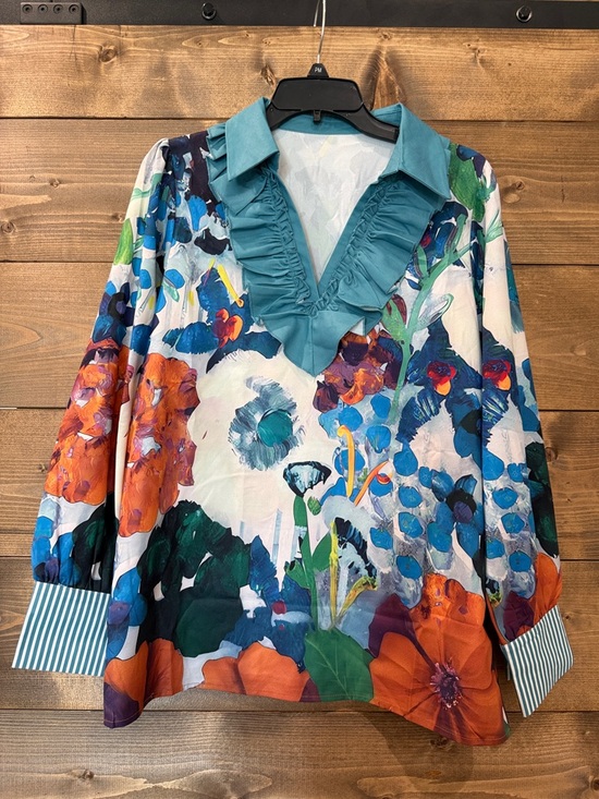 Tops - Floral Ruffle V-Neck Blouse in Teal and Multi